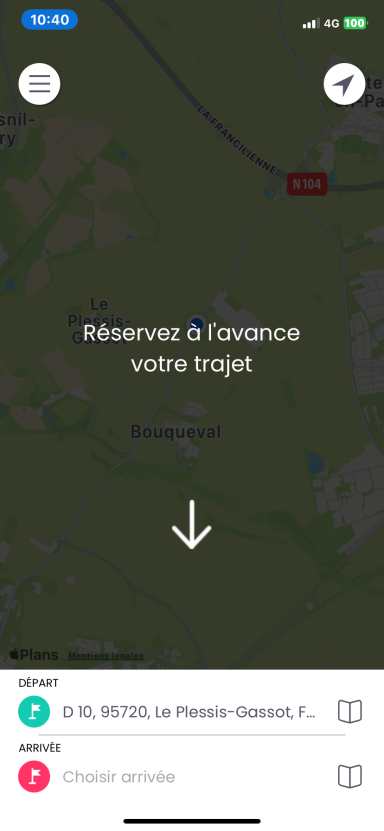 Carte montrant une zone réservée avec instructions et flèche vers le bas.